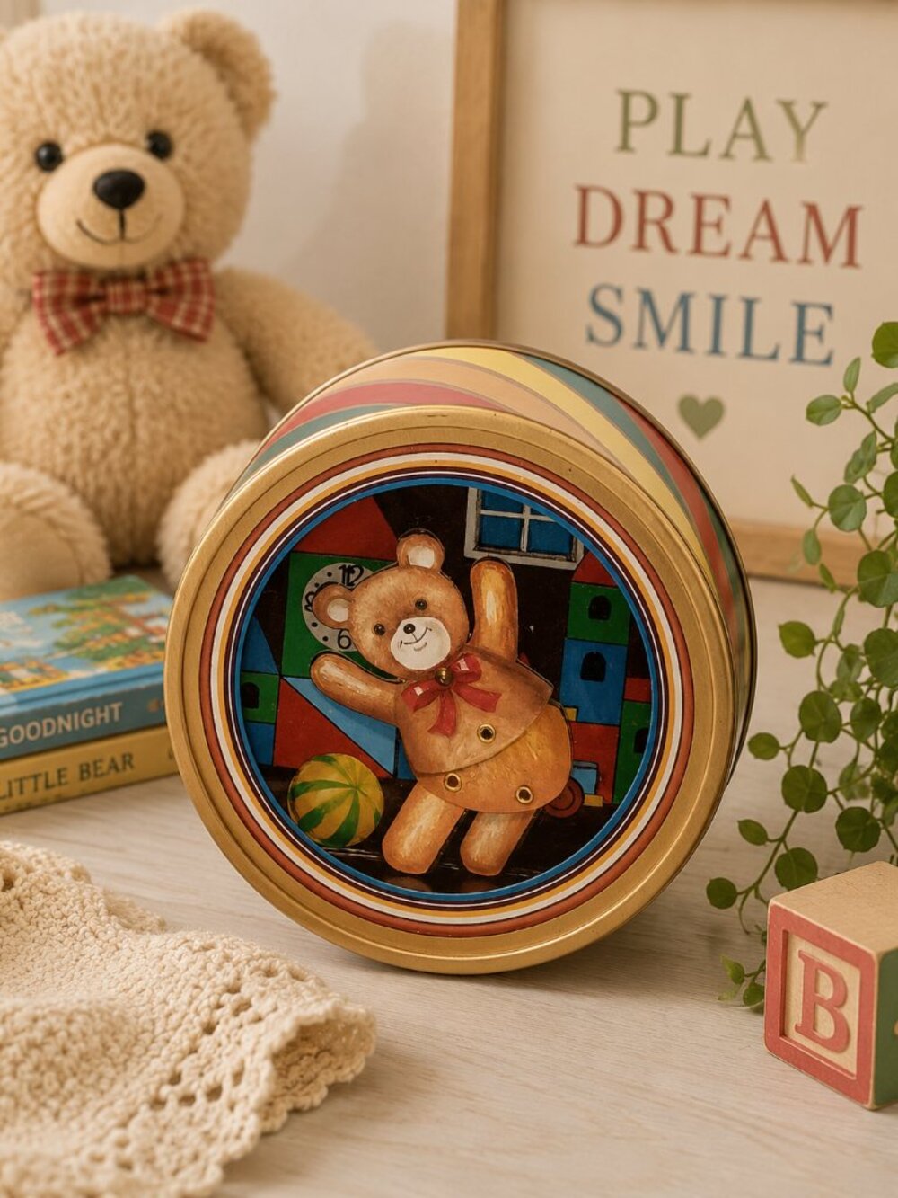 Colorful Musical Teddy Bear Tin Box